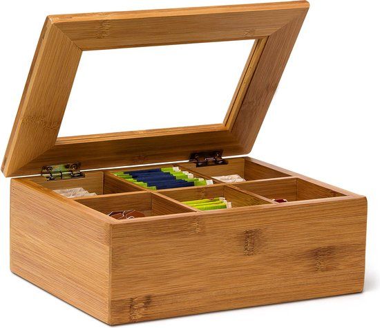 Relaxdays Theedoos met 6 Vakken - Bamboe - Theekist - Lichtbruin