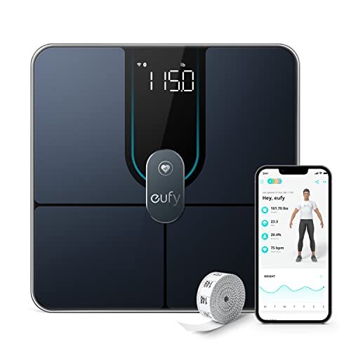 Eufy by Anker Smart Scale P2 Pro, digitale badkamerweegschaal met wifi en bluetooth, meet 16 kenmerken zoals gewicht, hartslag, lichaamsvet, BMI, spier- en botmassa, 3D virtueel lichaam, tot 50 g nauwkeurig