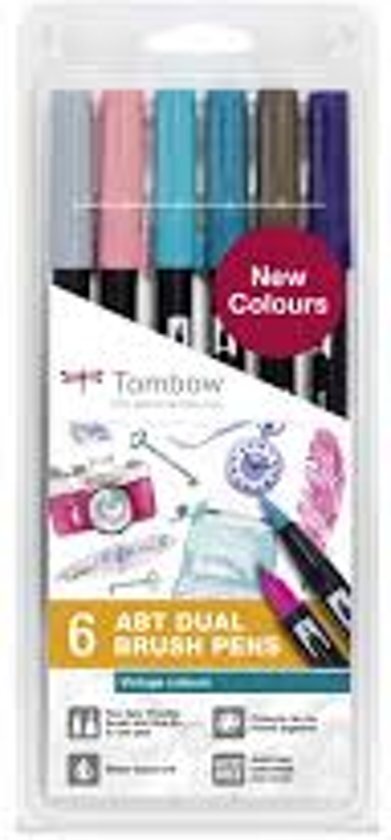 Tombow dual Brush Tombow ABT Dual - Brush tekenpennen - Vintage kleuren - Set van 6 Tombow duo penseelstift