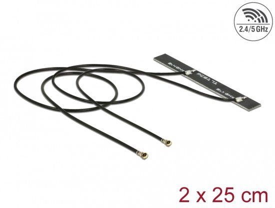 Delock Dubbele band wlan wifi 6 twin antenne 2 x i-Pex Inc., MHF® 4L plug 5 dbi 2 x 25 cm PCB interne zelfklevende