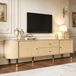 Meuble TV bas, dimensions 180x40x58 cm, forme ovale, portes coulissantes, 2 tiroirs, aspect bois