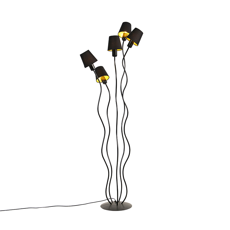 QAZQA Design vloerlamp zwart met klempkap zwart 5-lichts - Wimme