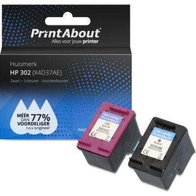 PrintAbout HP 302 (X4D37AE) Zwart + 3 kleuren Voordeelbundel