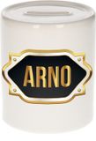 Bellatio Decorations Shoppartners Bv Spaarpot met voornaam Arno - wit - met goud/zwart embleem - 8 x 9 cm - keramiek - met afsluitdop - cadeau verjaardag