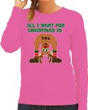 Bellatio Decorations Foute Kersttrui/sweater voor dames - All I Want is - roze - blote kont - rendier M