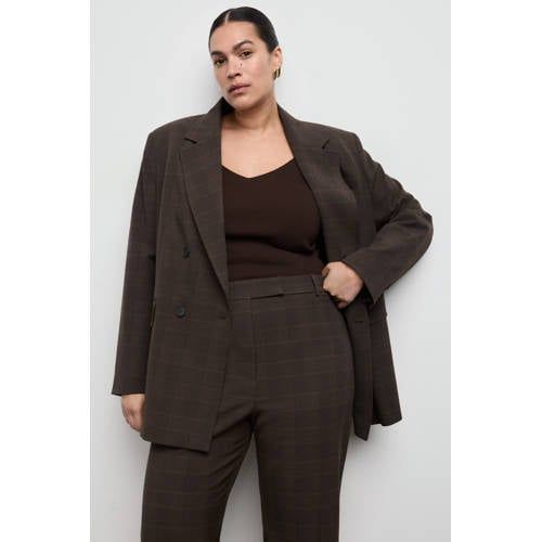 Mango Straight High Waist Checked Trousers Brown