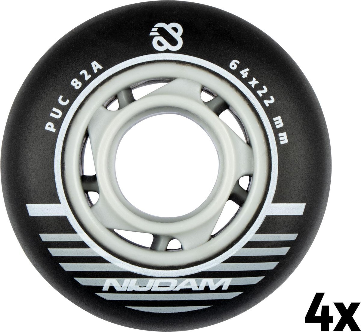 Nijdam Inline Skate Wielen Set - 64x22 mm - 4st - Black - Zwart/Zilver/Wit