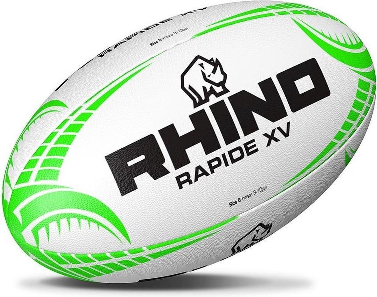 Rhino rugbybal Rapide XV rubber/katoen wit/groen