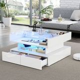 Pangivo Table basse relevable carrée avec LED, 2 tiroirs et plateau en verre trempé, blanc brillant, 80x80x45cm