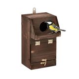 Relaxdays nestkast voor koolmezen & roodstaartjes, met reinigingsklep, houten vogelhuisje om op te hangen, tuin, bruin