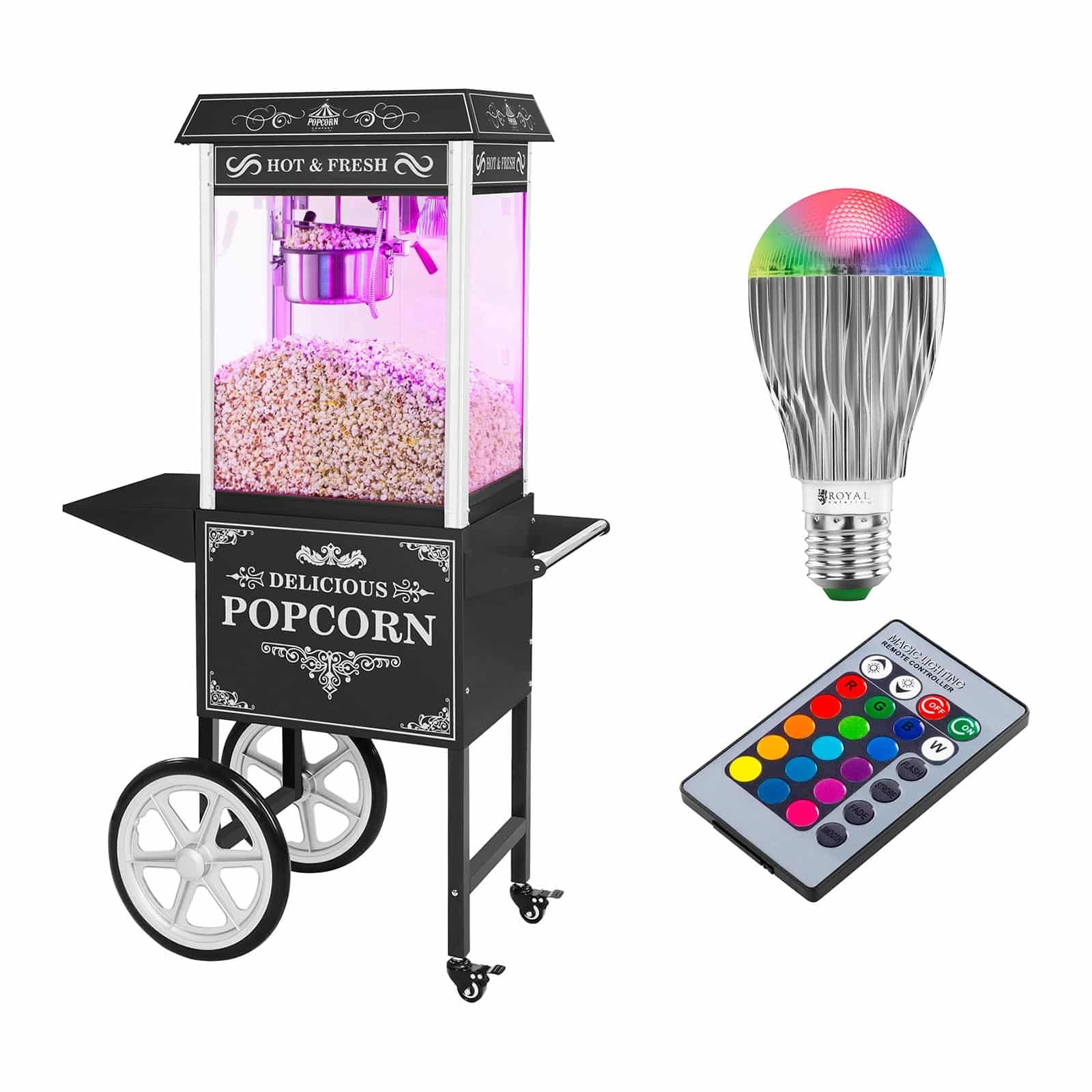 Royal Catering Popcornmachine met onderstel und LED-belichting - Retro-Design - zwart