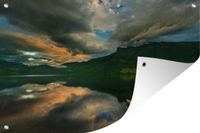 Décoration murale Fjord avec eau miroir et un bateau - 180x120 cm - Affiche de jardin - Toile de jardin - Affiche extérieure