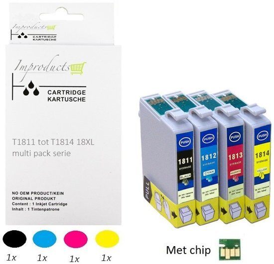 Improducts Â® Huismerk Inktcartridge Alternatief Epson 18XL 18 XL Multipack inktcartridges, 4 pack (1x zwart T1811, 1x cyaan T1812, 1x magenta T1813, 1x geel T1814 ) + 1x complete set