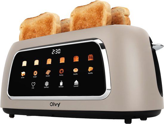 Olvy Luxe broodrooster met LCD-display en timer, extra grote sleuven, 6 bruiningsniveaus, beige, 1500W
