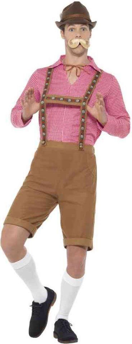 Smiffys Lederhose & shirt - Bruin & rood - M