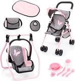 Bayer Design Opvouwbare poppenbuggy, poppenwagen, dubbele wielen, tas, aankleedkussen, wieg, accessoires in jeans-grijs, roze