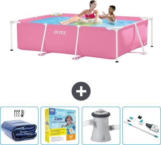 Intex Rechthoekig Frame Zwembad - 220 x 150 x 60 cm - Roze - Familiebad - Inclusief Filterpomp, Solarzeil, Onderhoudspakket & Stofzuiger