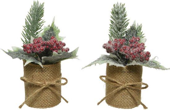 Decoris Kerststukje met groen en besjes besneeuwd - in jute pot - H15cm