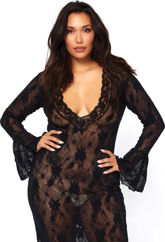 Leg Avenue Plus Size Lace Deep V-Neck Long Dress - Black - XL/XXL