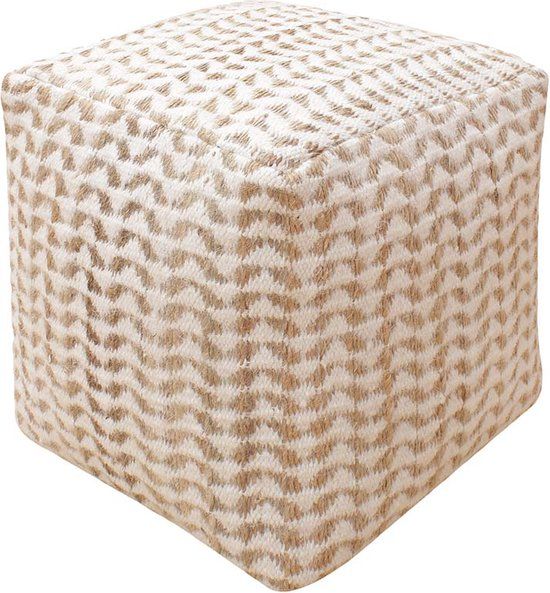 Halli Poef - Vierkant - Design - Wit/Beige - Gestreept - 40x40x40 cm