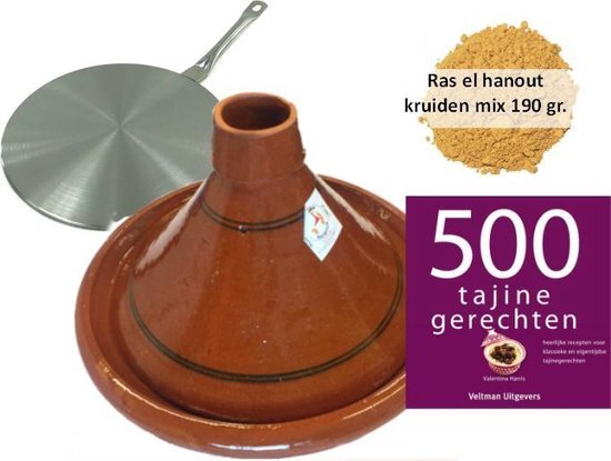 marocstore.nl Tajine set inductie, 6 pers tajine, 190 gr kruiden, kookboek, inductie adapter