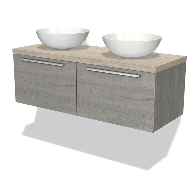 Maxaro Badkamermeubel voor Waskom 120cm Modulo Plato Grijs Eiken 2 Lades Vlak Lichtgrijs Eiken Blad