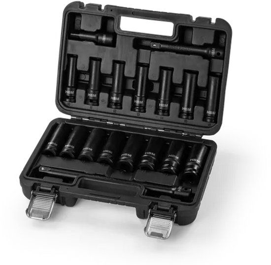 HBM machines HBM Professionele 18 Delige 1/2" Krachtdoppenset met Verlengstukken - Zwart - 9237