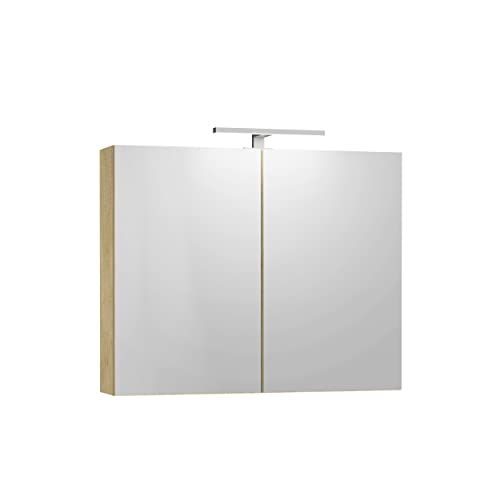Baikal Wegkast met spiegel, multifunctionele badkamerkast, optie met of zonder LED-licht. Eenvoudige plaatsing. Merino-kast met LED-wandlamp 80 cm natuur