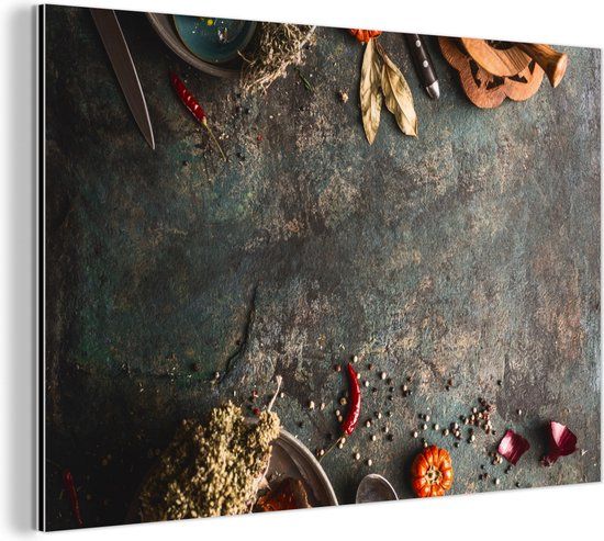 MuchoWow Aluminium Schilderij Industrieel - Marmer - Groente - Herfst - Pompoen - Rustiek - Kruiden - 180x120 cm - Dibond