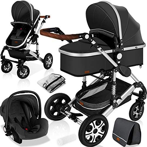 KESSER Loops 3-in-1 kinderwagen, combi-kinderwagen, complete set inclusief Babybadje & Buggy sportzitje & autozitje – volledig rubberen banden – luiertas/regenbescherming/kindertafelset asfalt grijs/zilver