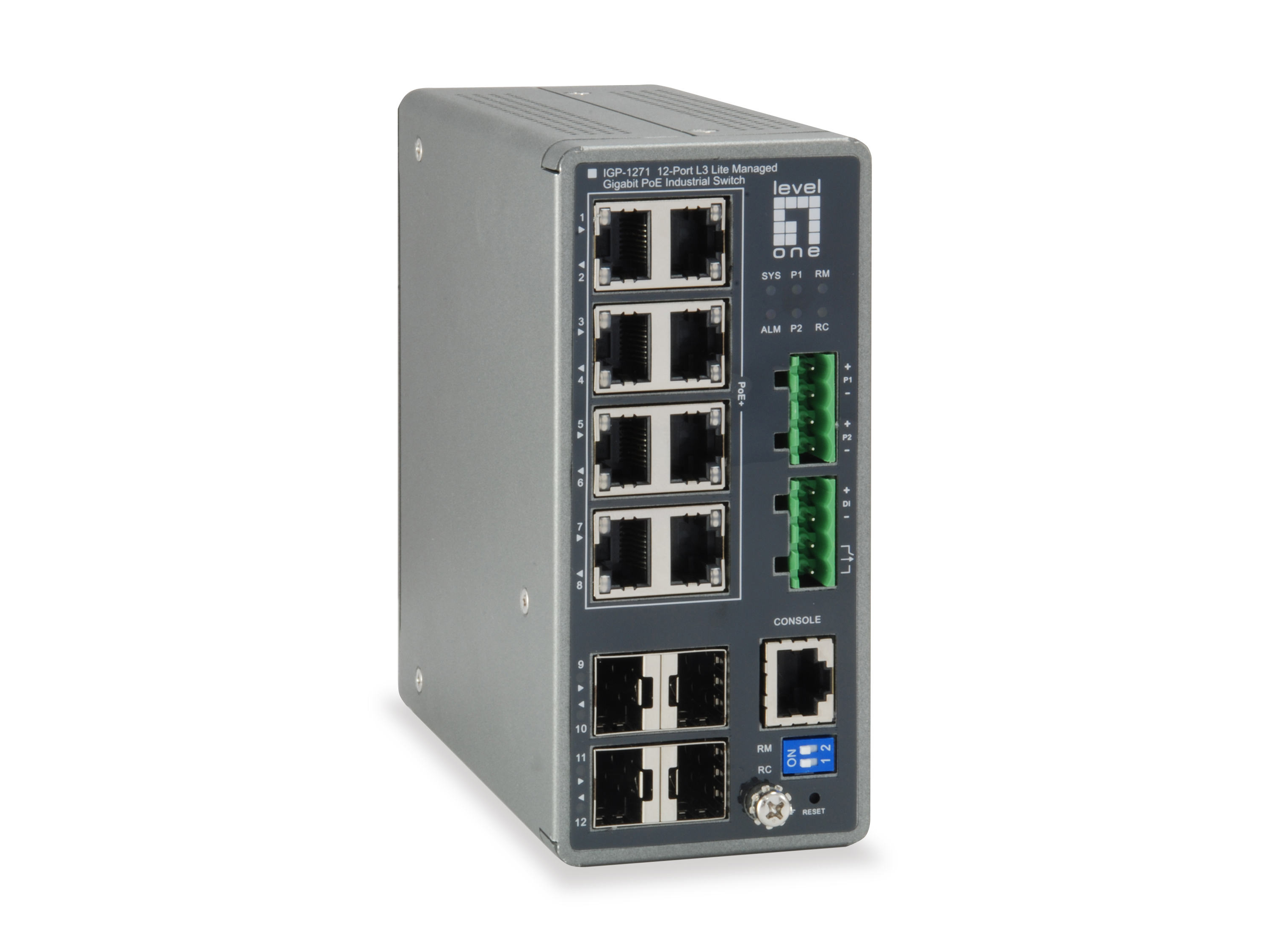 LevelOne TURING 12-Port L3 Lite Managed Gigabit Industrial Switch, 8 PoE Outputs, 240W, 802.3at/af PoE, 4 x SFP, -40°C to 75°C