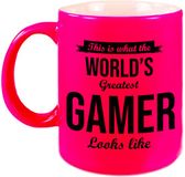 Bellatio Decorations Shoppartners Bv This is what the worlds greatest gamer looks like - cadeau koffiemok - theebeker - 300 ml - gamer cadeau - tekst mokken - Roze - Keramiek