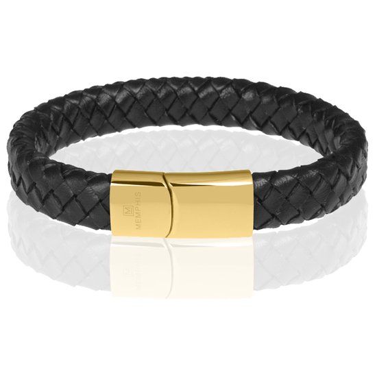 Memphis Gevlochten Leren Armband Zwart Goudkleurig - 19cm