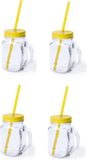 Merkloos / Sans marque Makito Western Europe Mason Jar drinkbekers - 4x stuks - glas - dop geel met rietje - 500 ml - afsluitbaar - fruit shakes