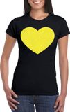 Bellatio Decorations Dames T-shirt met hartprint en gele glitter - Zwart/Geel - Maat XL