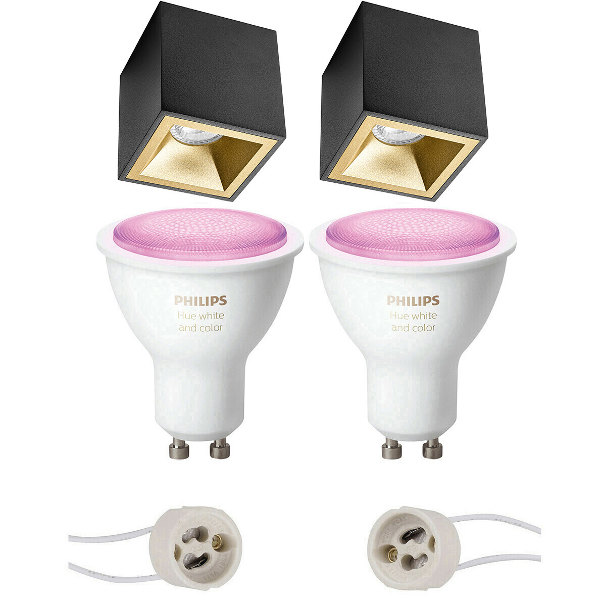 BES LED Pragmi Cliron Pro - Opbouw Vierkant - Mat Zwart/Goud - Verdiept - 90mm - Philips Hue - Opbouwspot Set GU10 - White and Color Ambiance - Bluetooth