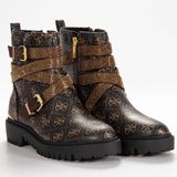 GUESS Ornina Dames Enkellaarzen Bruin Leer Plateauhak Ritssluiting Gesp Ronde neus Dierenprint