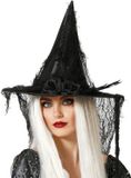 Atosa Halloween heksenhoed - met sluier - one size - zwart - meisjes/dames - verkleed hoeden