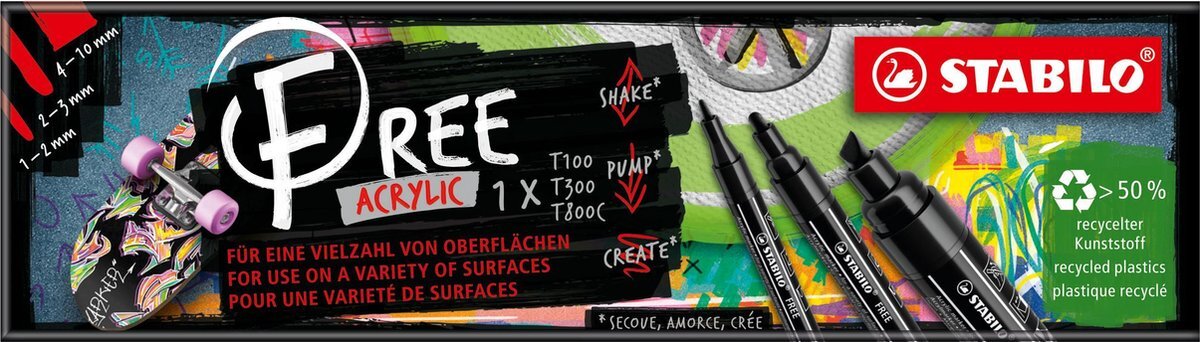 Stabilo FREE - Acryl Marker - Mixed Tip Set - Zwart - 3 Verschillende Tip Sizes