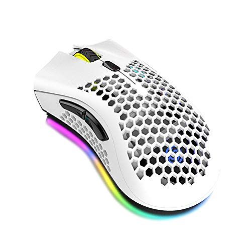 Entweg 2.4G Wireless Gaming Mouse - Rechargeable with 3 DPI & RGB - White Honeycomb Design