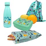 Nerthus FIH 1037 roestvrij stalen dubbelwandige fles set lunchbox broodtas en rugzak kinderen dinosaurussen school