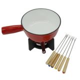 Fackelmann 687915 kaasfondueset voor 2 personen, geëmailleerd gietijzer, hout, roestvrij staal, zwart, wit, rood