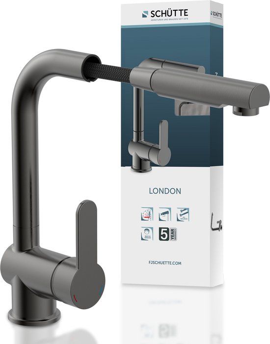 Schütte London Design Keukenkraan - Mengkraan - Draaibare Uitloop - Uittrekbare Mousseur - Grafiet Mat