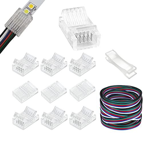 YUTOKEER 5-polige led-aansluitingen, 10 mm brede, soldeervrije strip-naar-draad-snelkoppelingsadapter met 5 m verlengkabel voor waterdichte of niet waterdichte 5050 RGBW-ledstrips, 10 stuks
