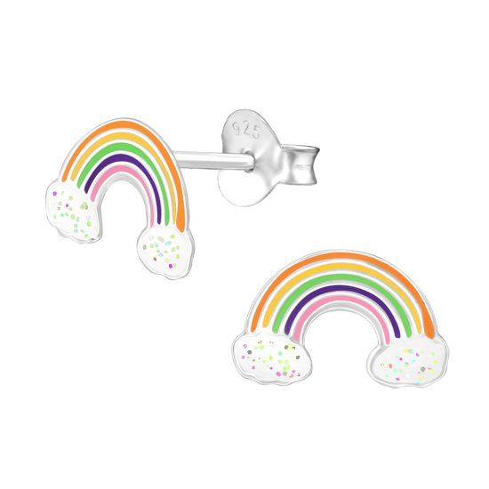 Fako Bijoux Kinderoorbellen 925 Zilver Regenboog 7x10mm Glitter