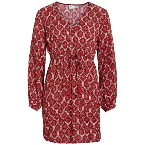 VILA Roodbruine Viscose Mini Jurk met Ceintuur en Print