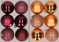 Merkloos / Sans marque 12x stuks kunststof kerstballen mix van aubergine en koper 8 cm - Kerstversiering