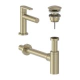 MAY Forma S Fonteinkraan Combiset, Designplug Always Open & Designsifon, Geborsteld Mat Goud PVD