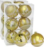 Ger Import 12x stuks gedecoreerde kerstballen goud kunststof diameter 6 cm