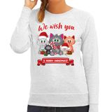 Bellatio Decorations Foute Kersttrui / sweater voor dames - We wish you - grijs - kerst katjes - dieren M